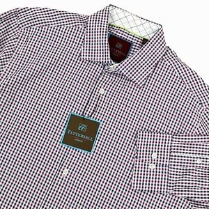 New Tattersall London Mens Shirt L 16-16.5 32/33 Purple Check Long Sleeve Cotton